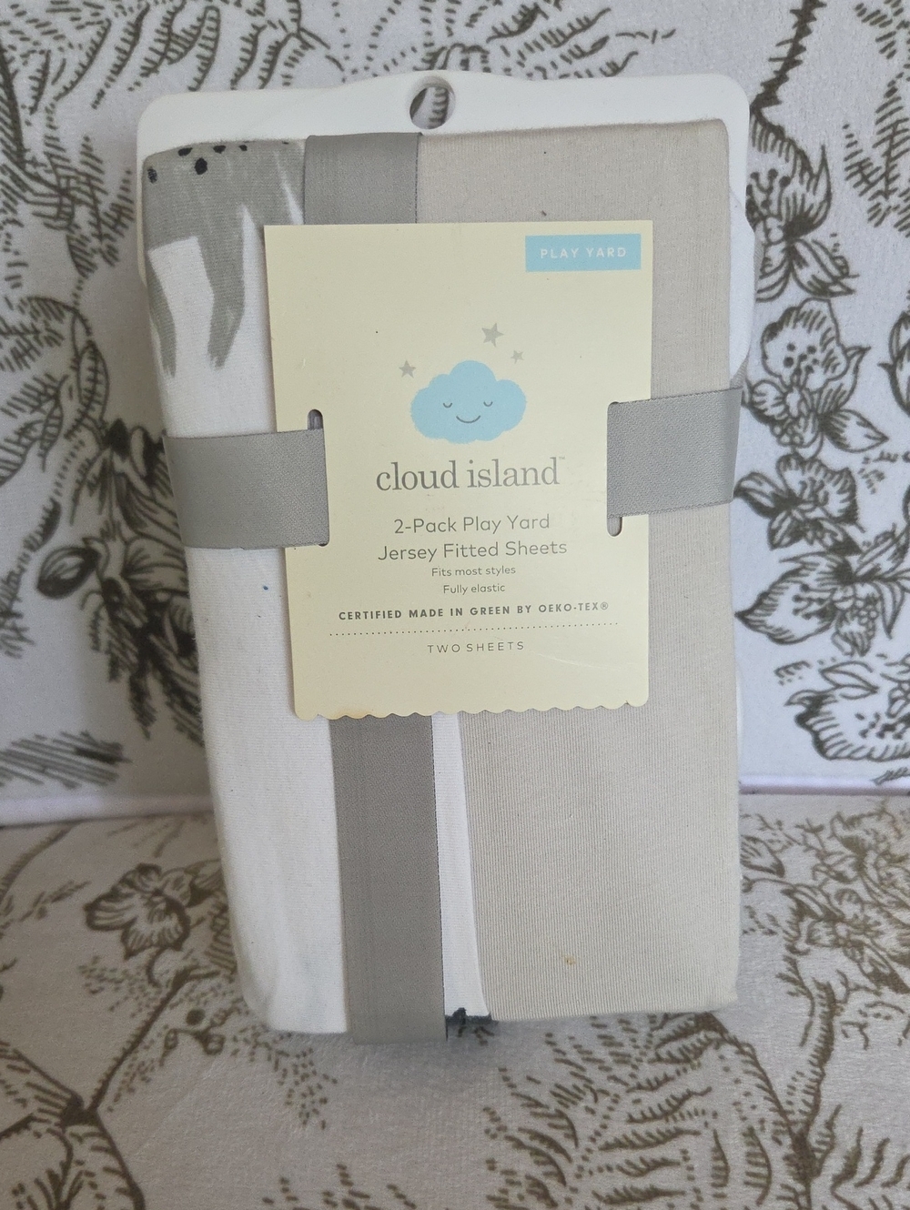 NWT Cloud Island 2-Pack Play Yard Jersey Fitted Sheets Two By Two Animals Gray